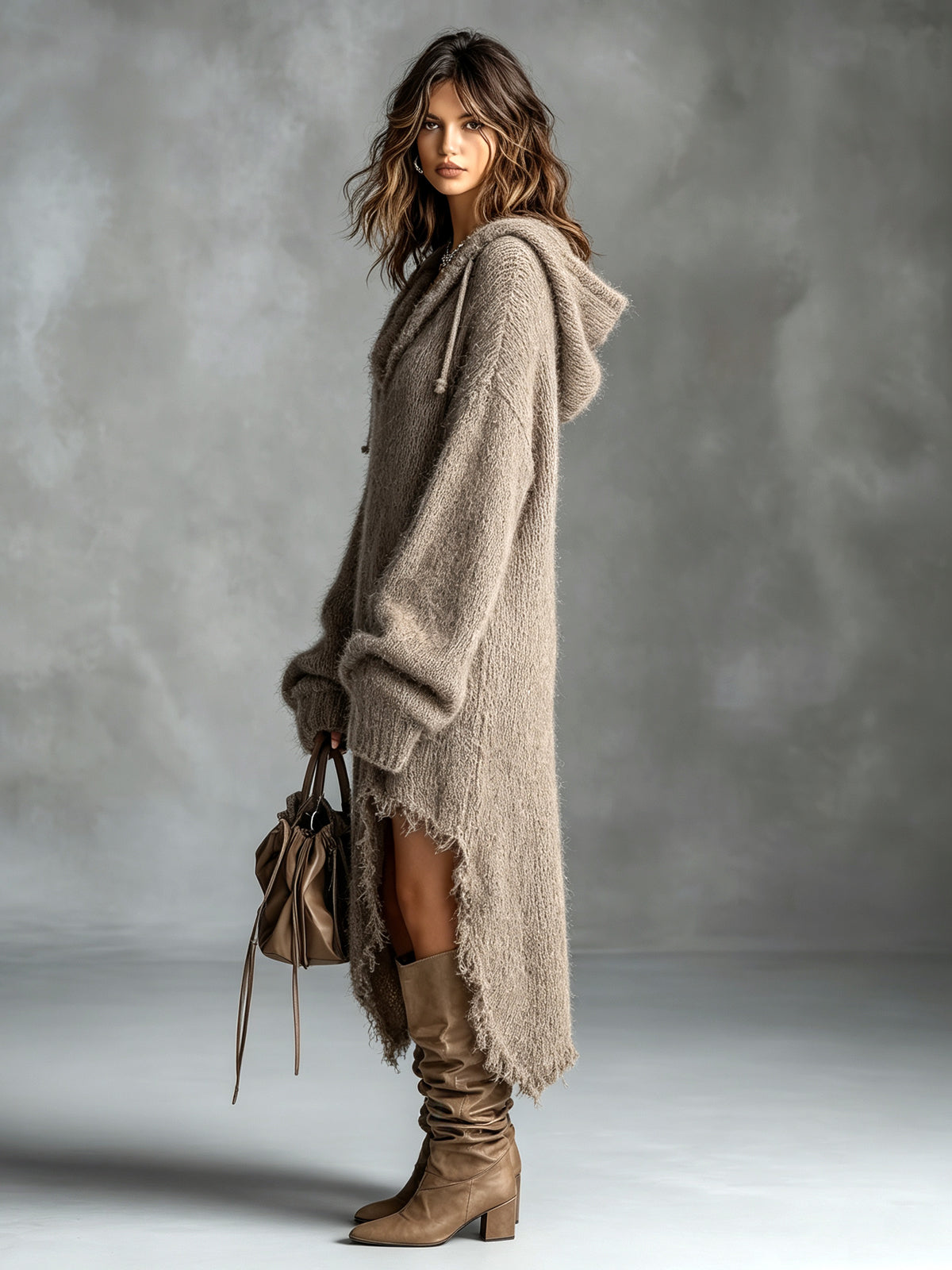 Florelle | Robe midi oversize, en maille douce, avec capuche, manches longues, ourlet asymétrique et bords non finis