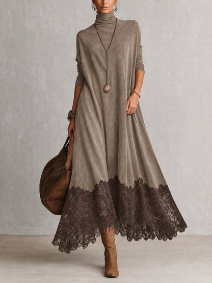 Solène | Robe longue à manches longues et ourlet en dentelle, effet daim marron vintage
