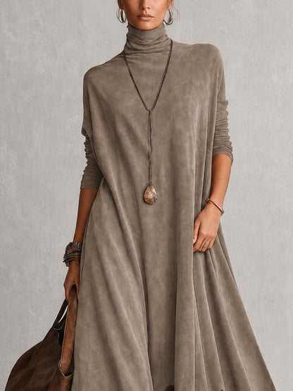 Solène | Robe longue à manches longues et ourlet en dentelle, effet daim marron vintage