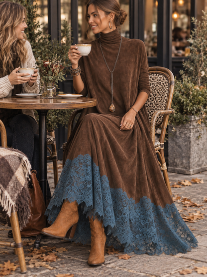 Solène | Robe longue à manches longues et ourlet en dentelle, effet daim marron vintage
