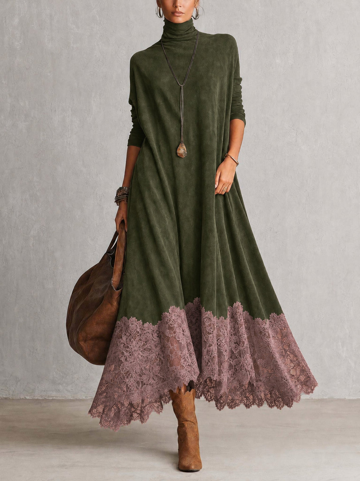Solène | Robe longue à manches longues et ourlet en dentelle, effet daim marron vintage