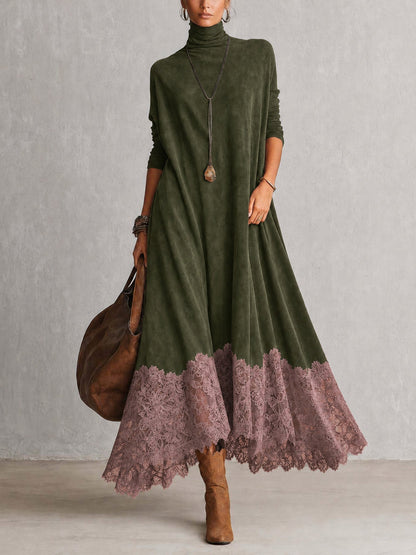 Solène | Robe longue à manches longues et ourlet en dentelle, effet daim marron vintage