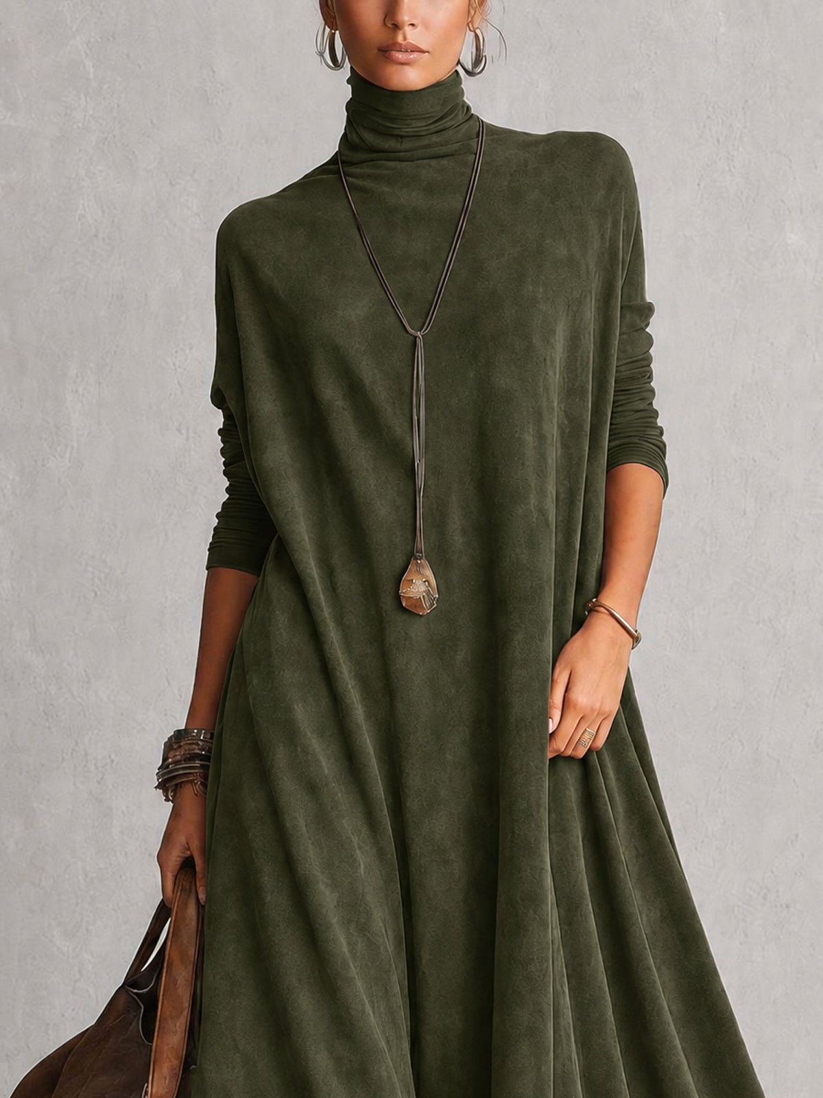 Solène | Robe longue à manches longues et ourlet en dentelle, effet daim marron vintage