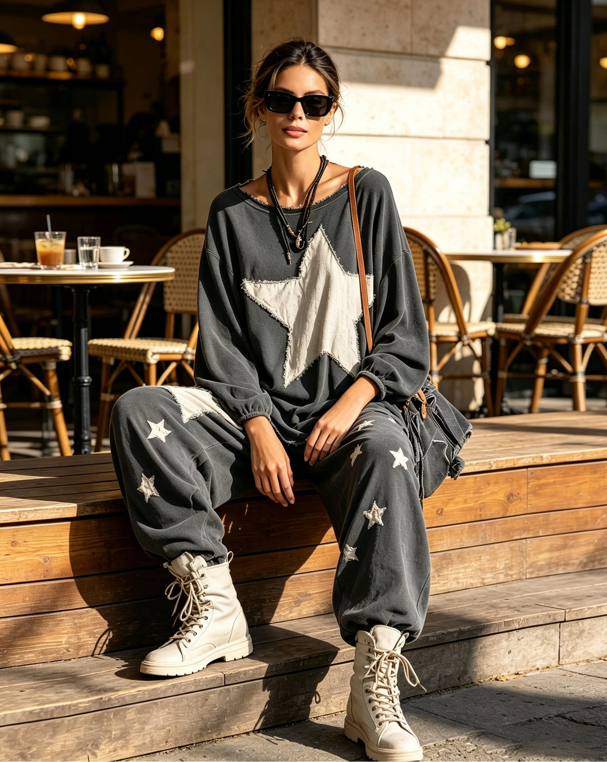 Olivia | Ensemble sweat-shirt oversize à patch étoile et pantacourt pour femme – Tenue décontractée de style streetwear, deux pièces, pour se détendre à la maison