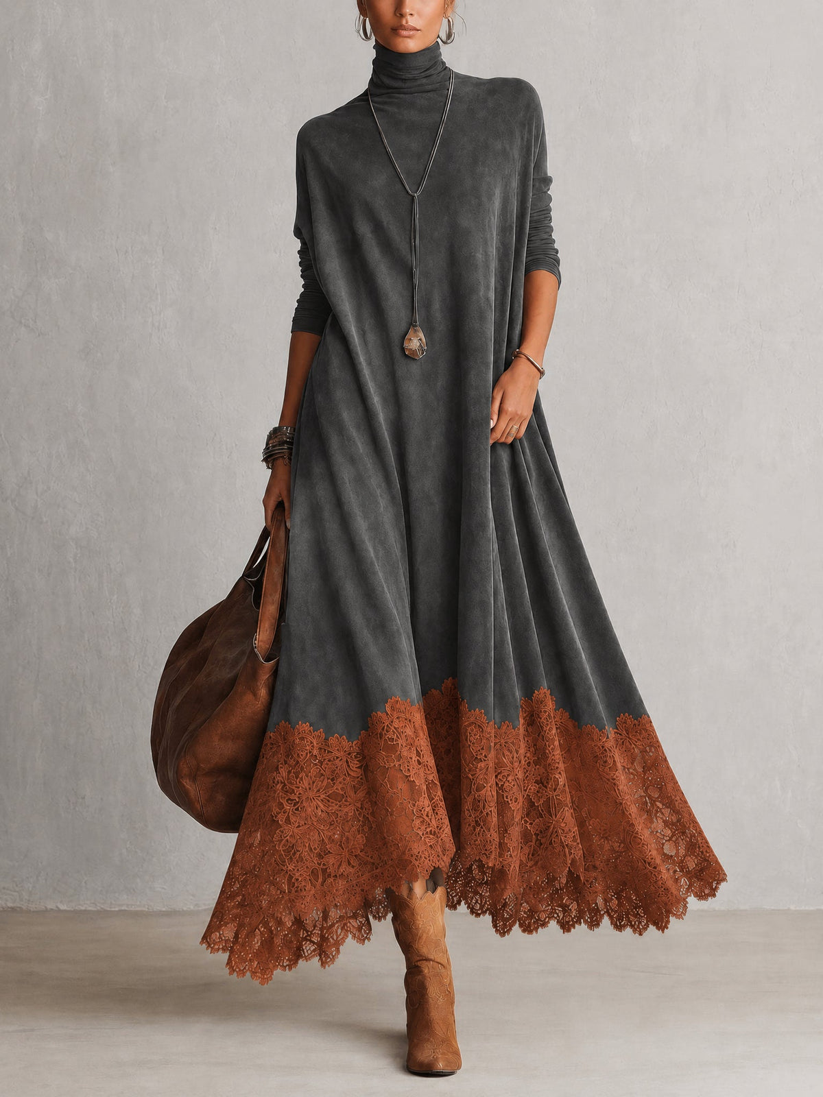 Solène | Robe longue à manches longues et ourlet en dentelle, effet daim marron vintage