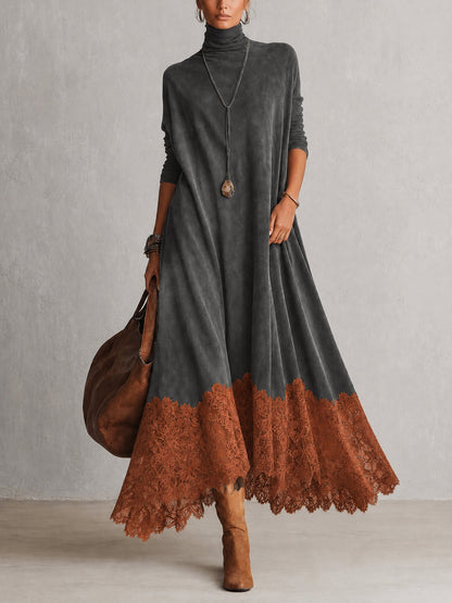 Solène | Robe longue à manches longues et ourlet en dentelle, effet daim marron vintage