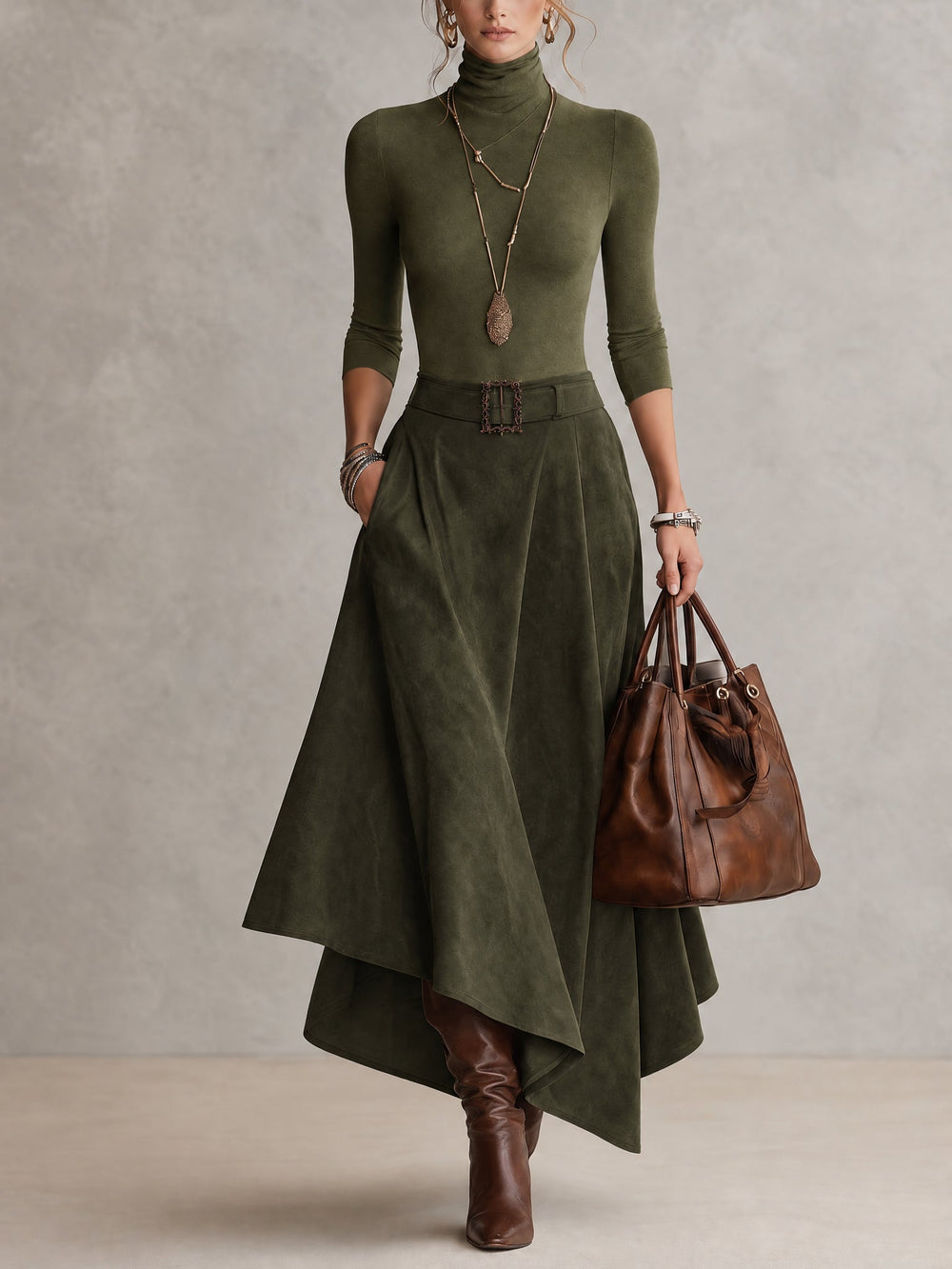 Céleste · Ensemble pull col roulé et jupe asymétrique en daim
