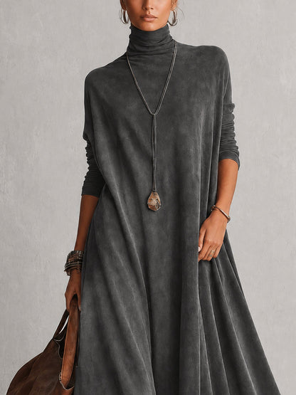 Solène | Robe longue à manches longues et ourlet en dentelle, effet daim marron vintage