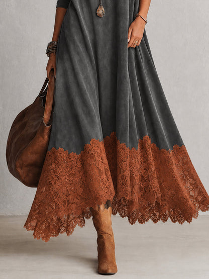 Solène | Robe longue à manches longues et ourlet en dentelle, effet daim marron vintage