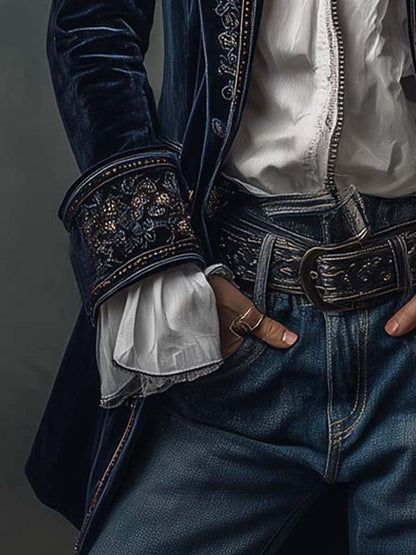 Arya | Veste longue vintage en velours de polyester bleu marine brodée