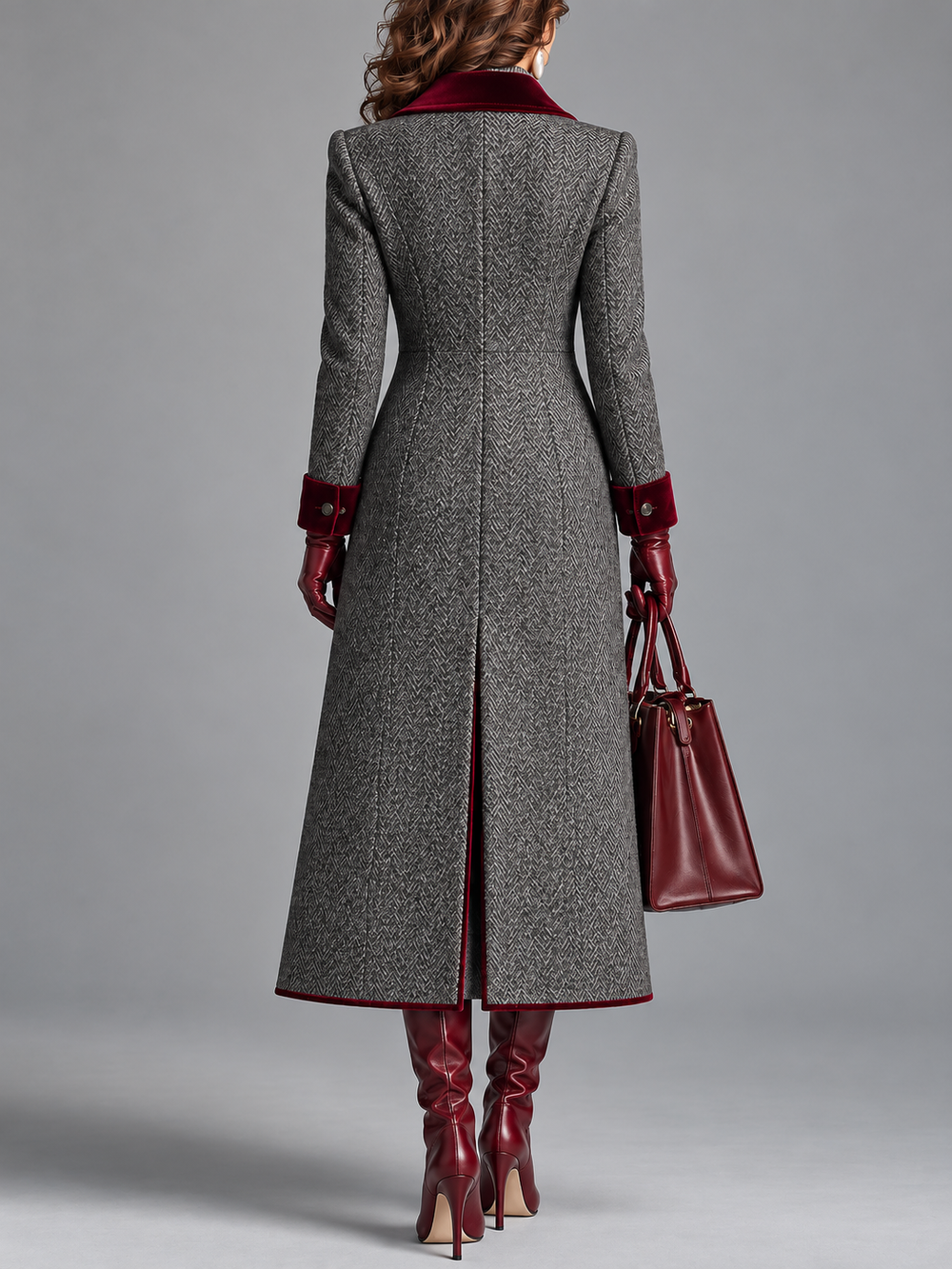 Marcelle | Long manteau à chevrons avec bords en velours