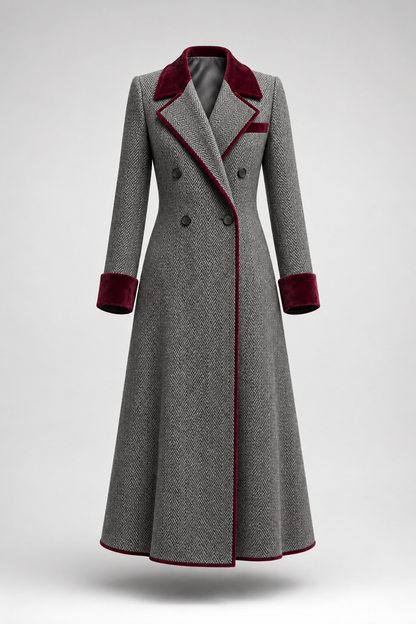 Marcelle | Long manteau à chevrons avec bords en velours
