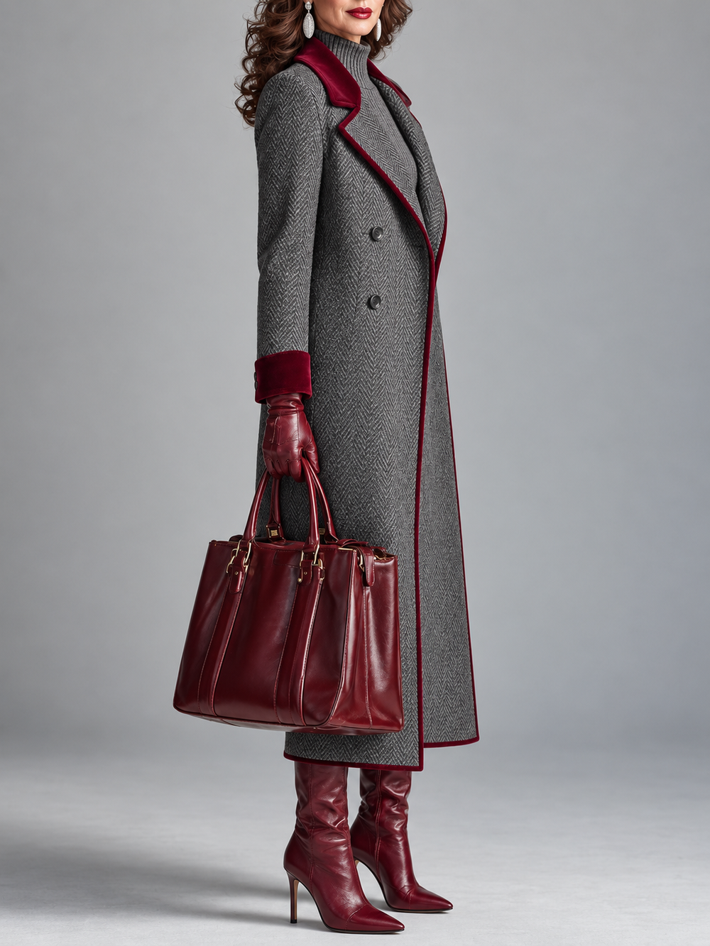 Marcelle | Long manteau à chevrons avec bords en velours
