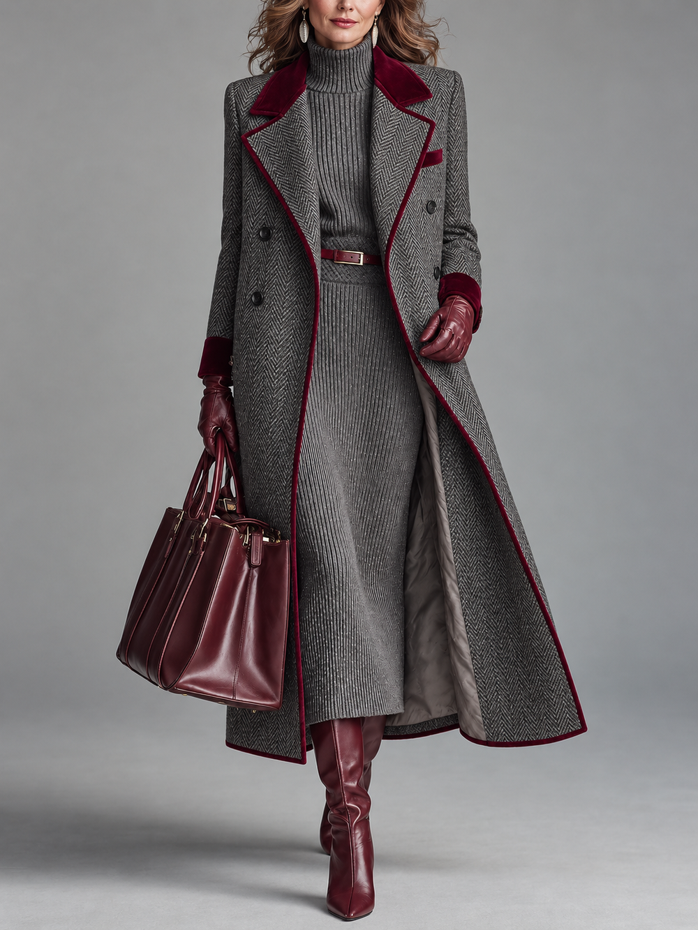 Marcelle | Long manteau à chevrons avec bords en velours