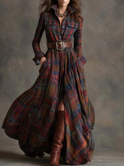 Rosse | Robe longue à carreaux rouge-brun de style rétro avec revers