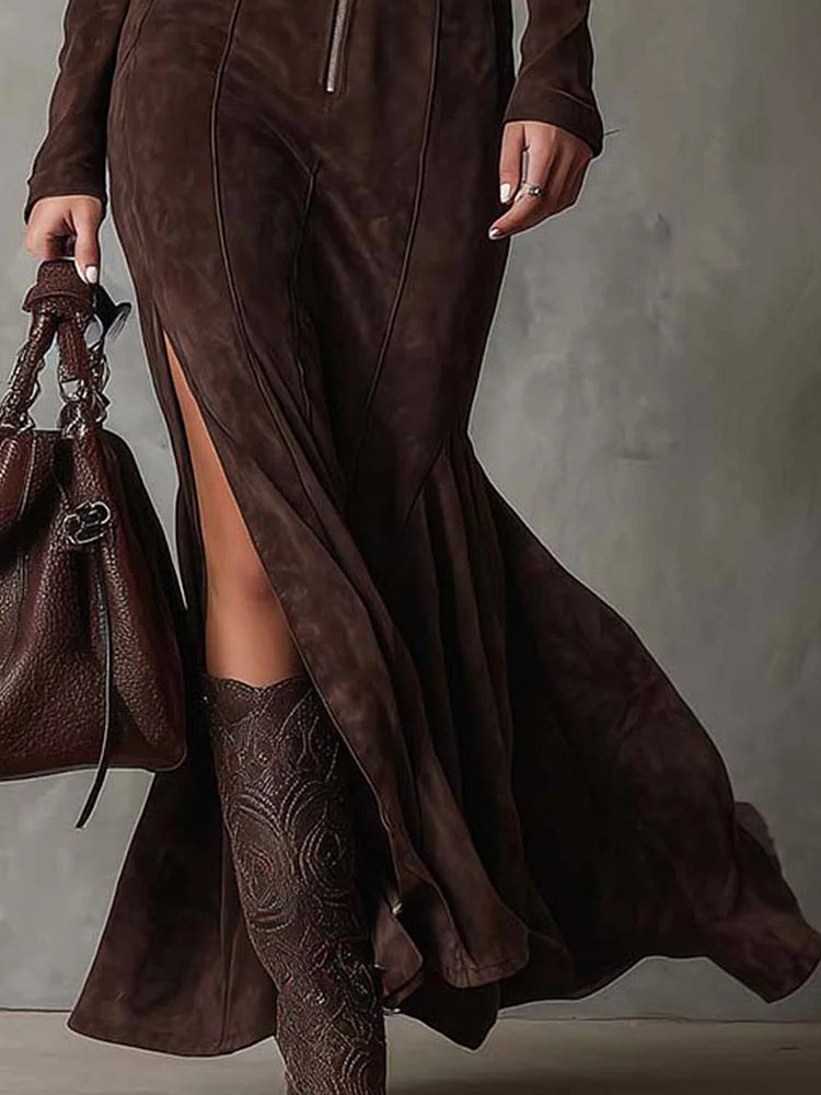 Amélie | Robe longue vintage marron à fermeture éclair et ceinture (ceinture incluse)