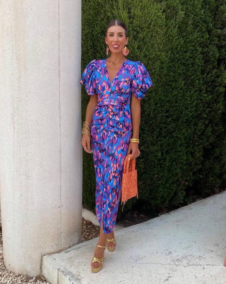 Anaëlle | Robe satinée à manches bouffantes