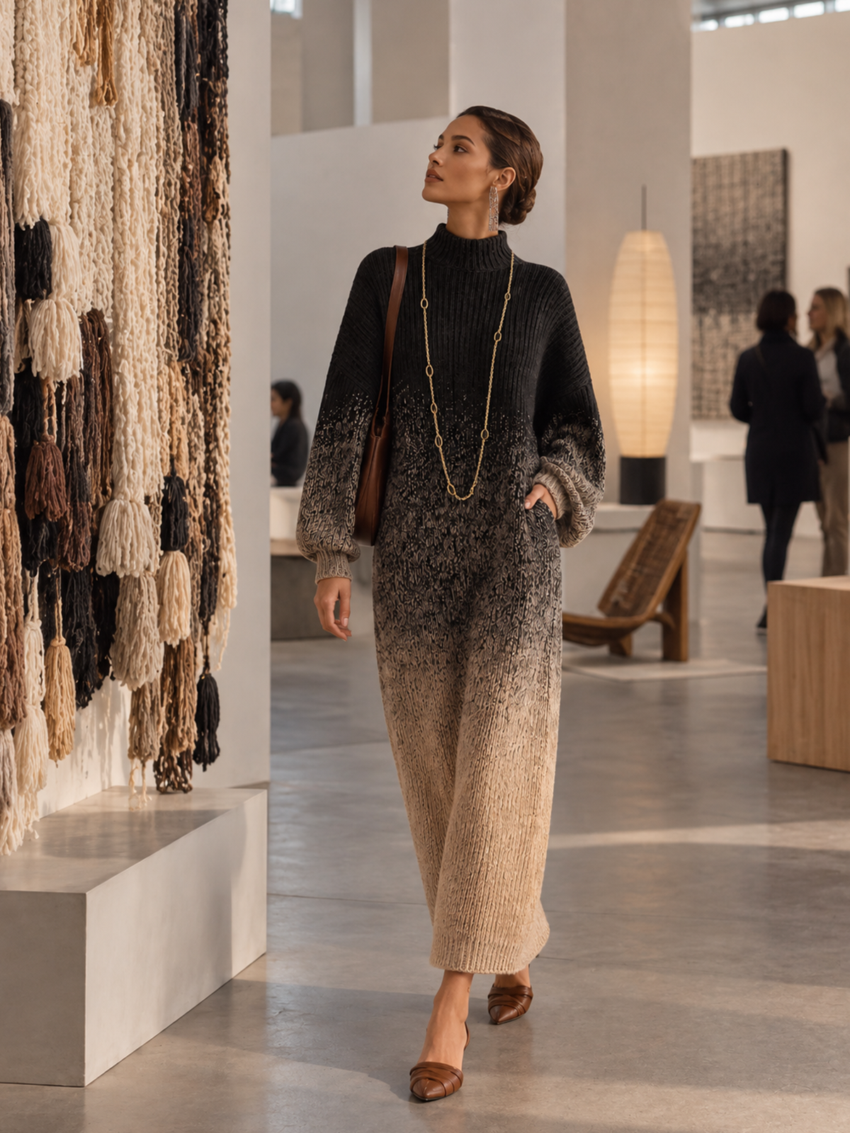 Selena | Robe longue en maille à col roulé, dégradé du noir au beige