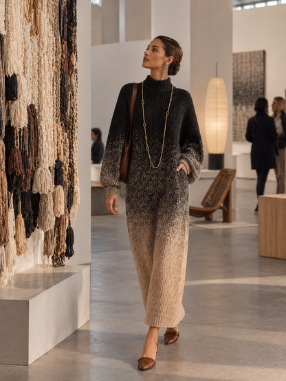 Selena | Robe longue en maille à col roulé, dégradé du noir au beige