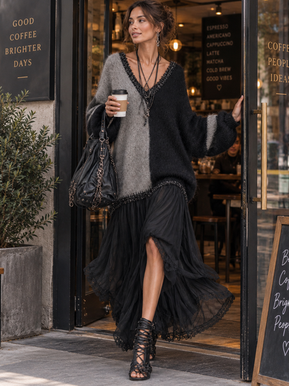 Capucine | Robe longue oversize en maille, effet patchwork de mousseline noire et grise