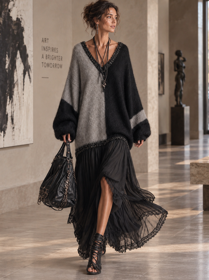 Capucine | Robe longue oversize en maille, effet patchwork de mousseline noire et grise