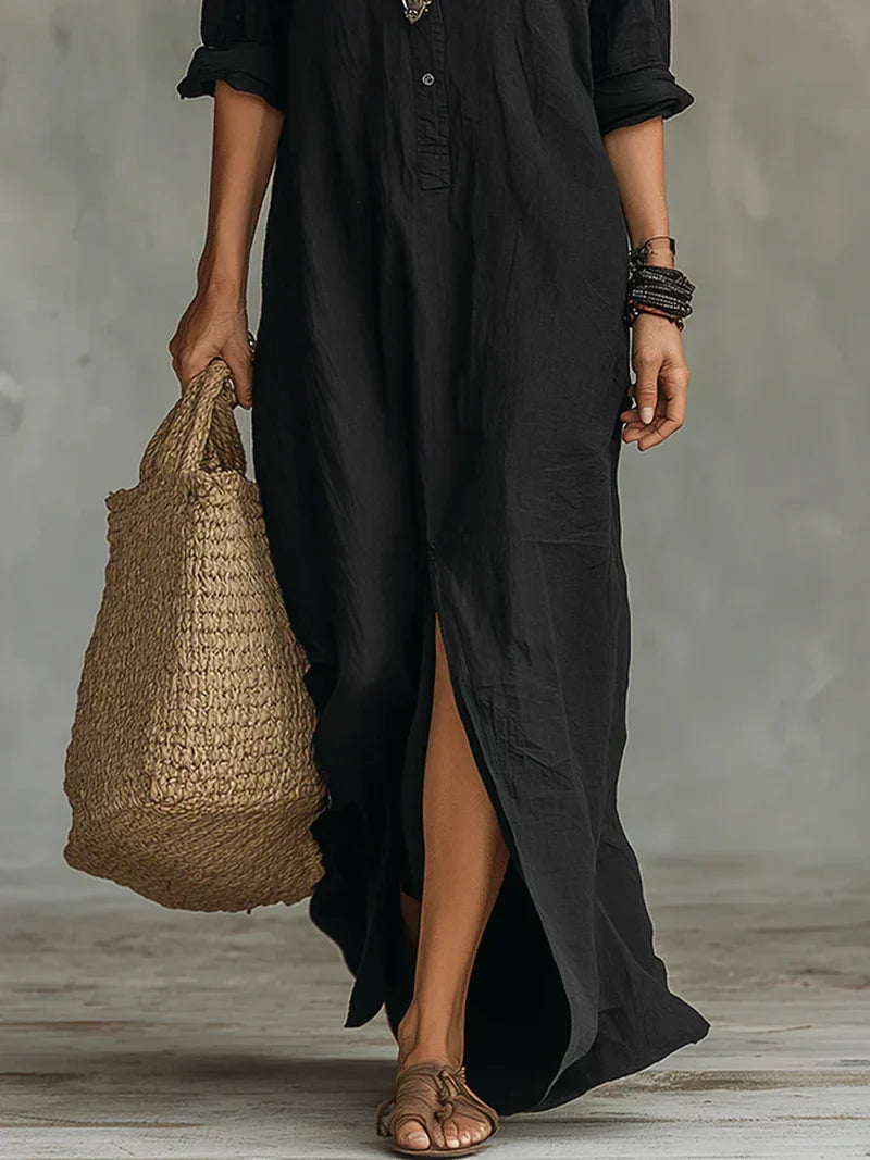 Bérénice | Robe Maxi Noire Ample à Boutons
