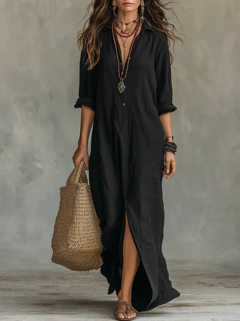 Bérénice | Robe Maxi Noire Ample à Boutons