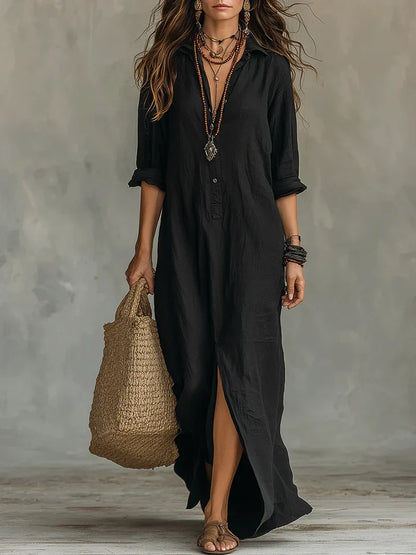 Bérénice | Robe Maxi Noire Ample à Boutons