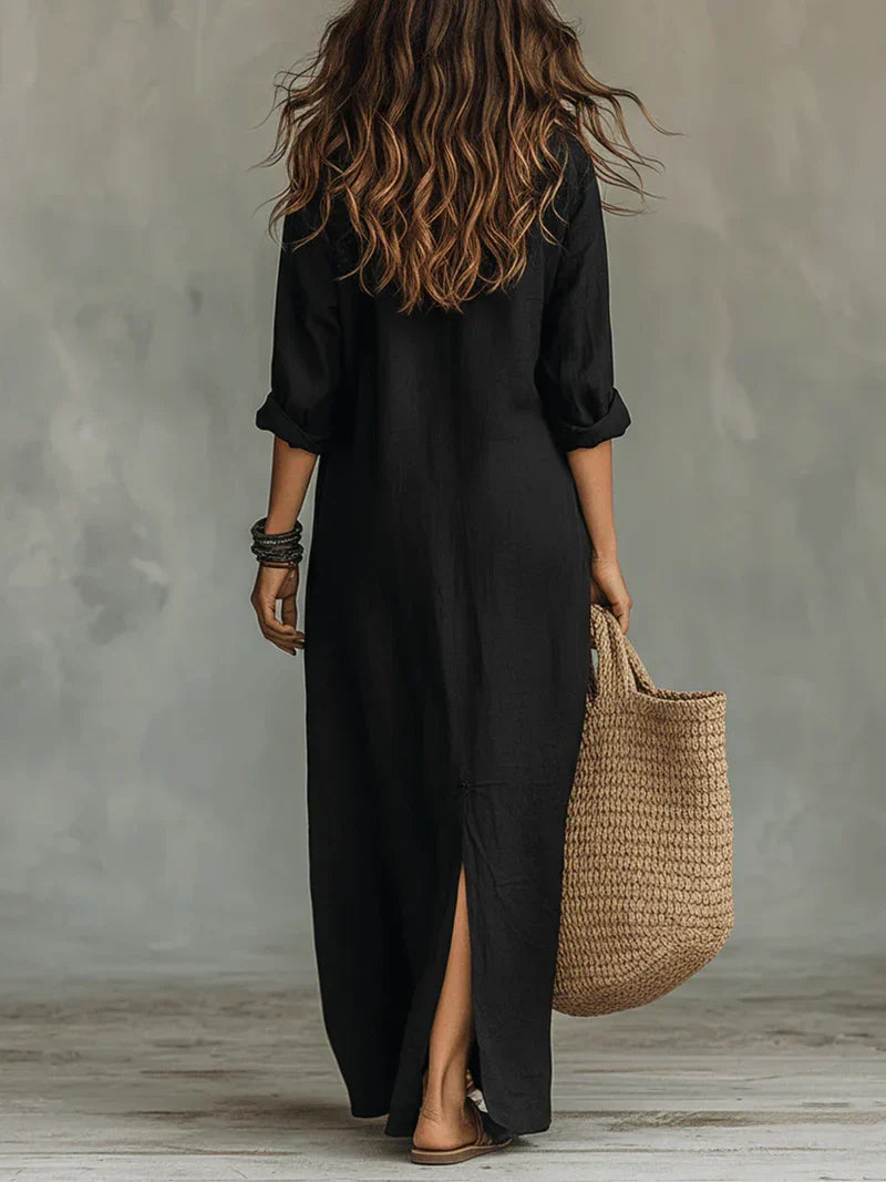 Bérénice | Robe Maxi Noire Ample à Boutons