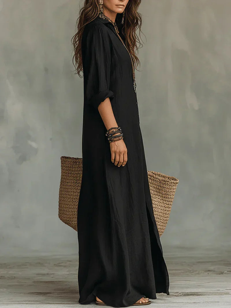 Bérénice | Robe Maxi Noire Ample à Boutons