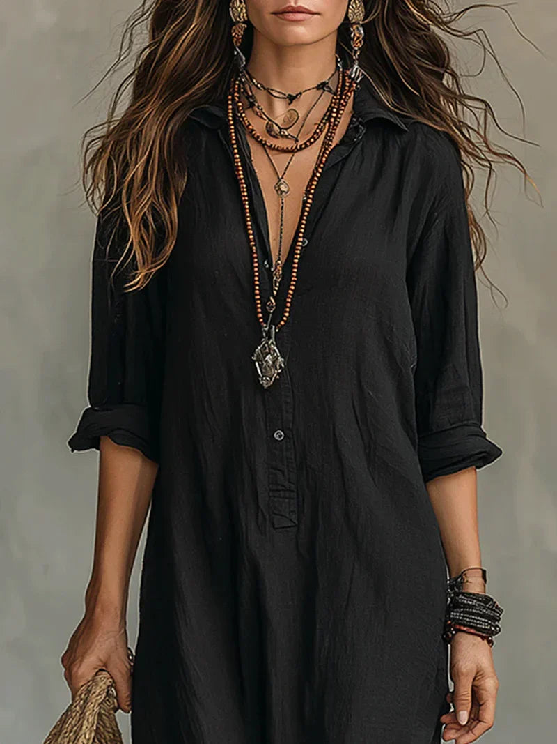 Bérénice | Robe Maxi Noire Ample à Boutons