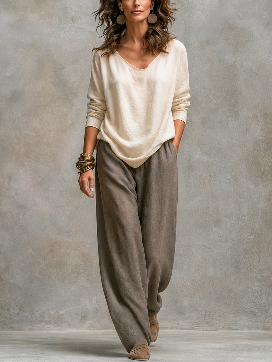 Francesca | Ensemble trois pièces décontracté beige-gris, élégant, à coupe large et superposé