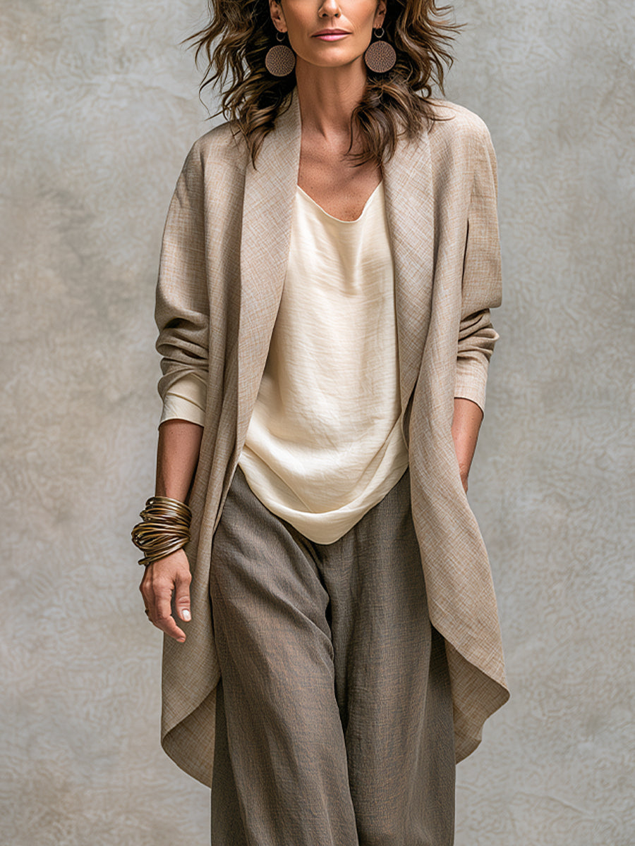 Francesca | Ensemble trois pièces décontracté beige-gris, élégant, à coupe large et superposé