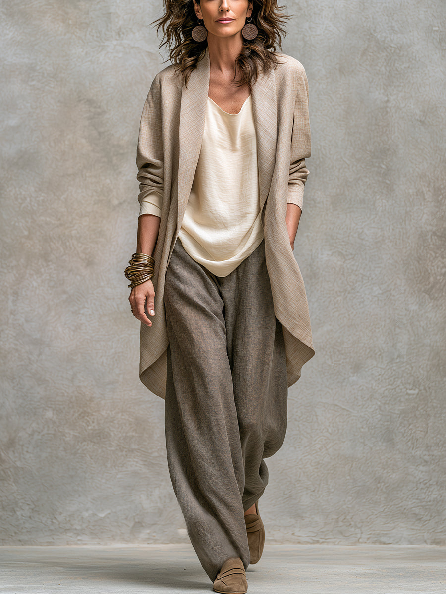 Francesca | Ensemble trois pièces décontracté beige-gris, élégant, à coupe large et superposé