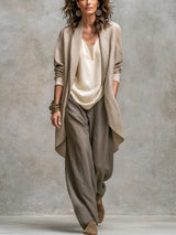 Francesca | Ensemble trois pièces décontracté beige-gris, élégant, à coupe large et superposé