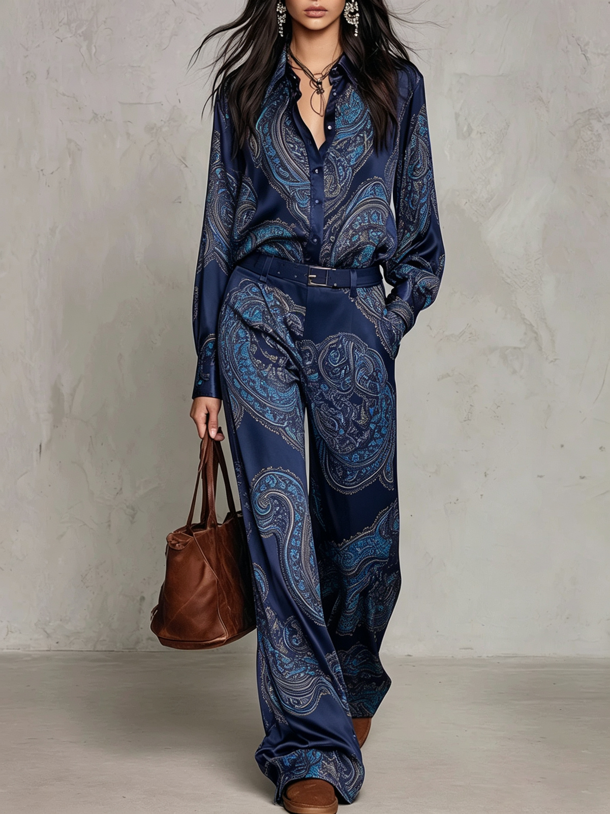 Rosalie | Ensemble composé d'une chemise à manches longues en satin à imprimé Paisley bordeaux-violet et d'un pantalon à jambes larges (avec ceinture)