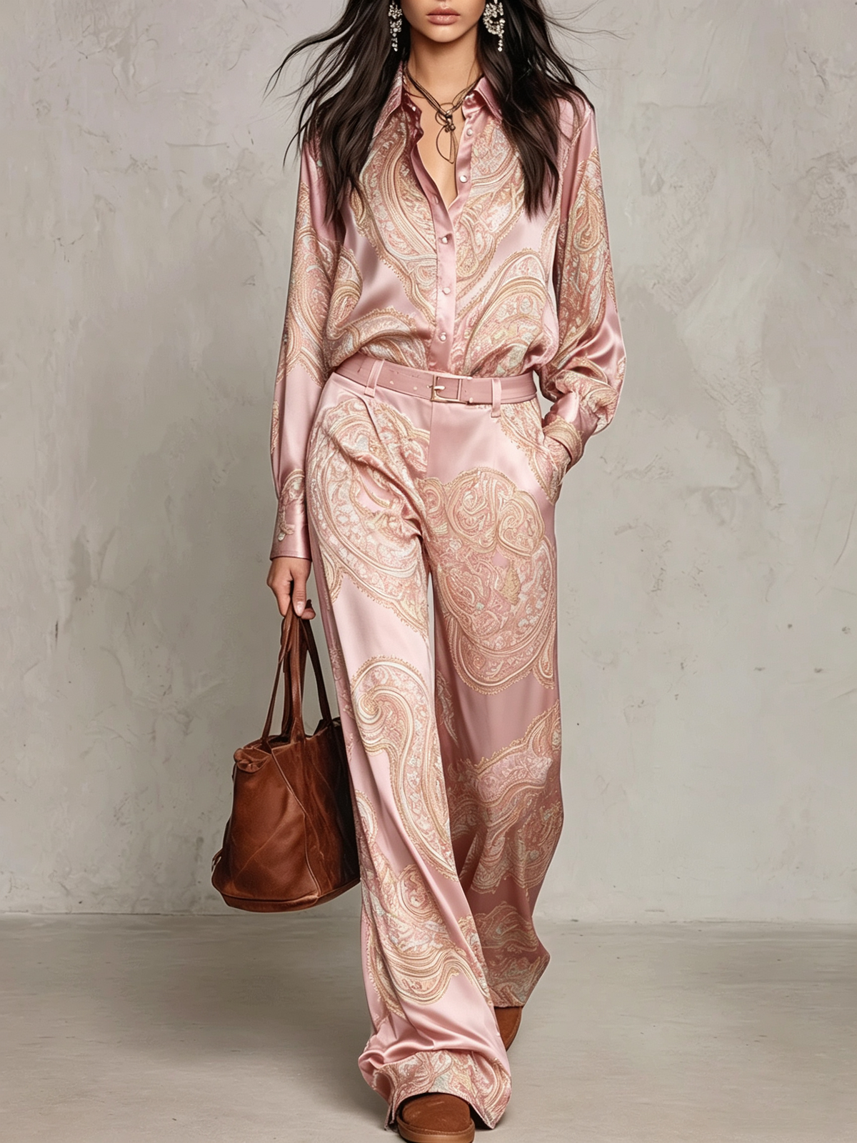 Rosalie | Ensemble composé d'une chemise à manches longues en satin à imprimé Paisley bordeaux-violet et d'un pantalon à jambes larges (avec ceinture)