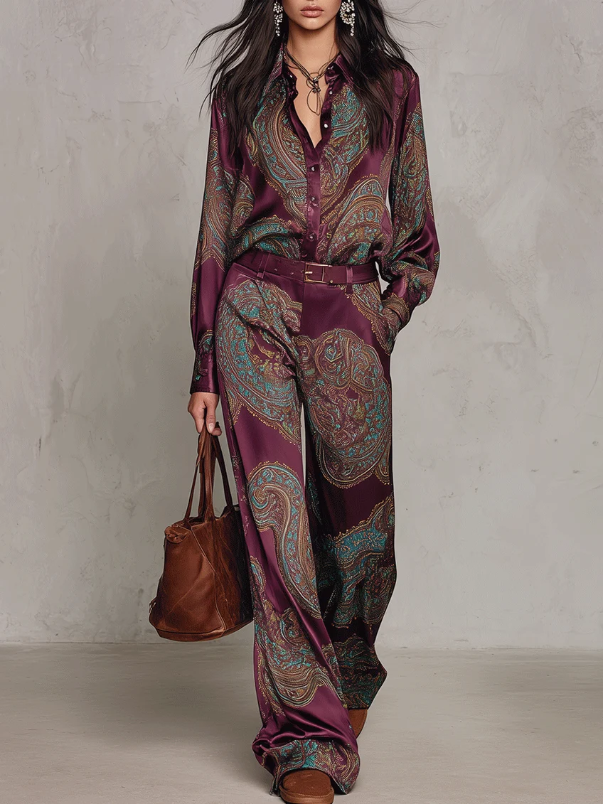 Rosalie | Ensemble composé d'une chemise à manches longues en satin à imprimé Paisley bordeaux-violet et d'un pantalon à jambes larges (avec ceinture)
