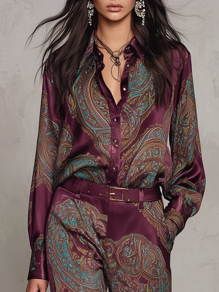 Rosalie | Ensemble composé d'une chemise à manches longues en satin à imprimé Paisley bordeaux-violet et d'un pantalon à jambes larges (avec ceinture)
