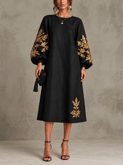 Nina | Robe midi ample à col rond et manches lanterne, imprimé « Black Gold »