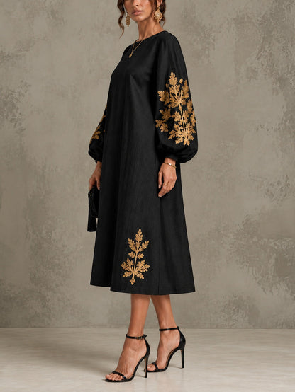 Nina | Robe midi ample à col rond et manches lanterne, imprimé « Black Gold »