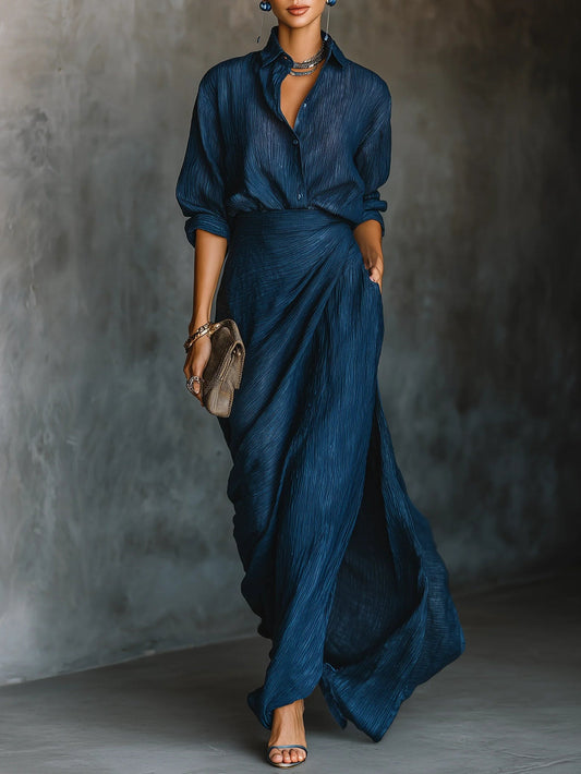 Aurore | Ensemble élégant composé d'une chemise en coton et lin mélangés bleu foncé et d'une jupe longue