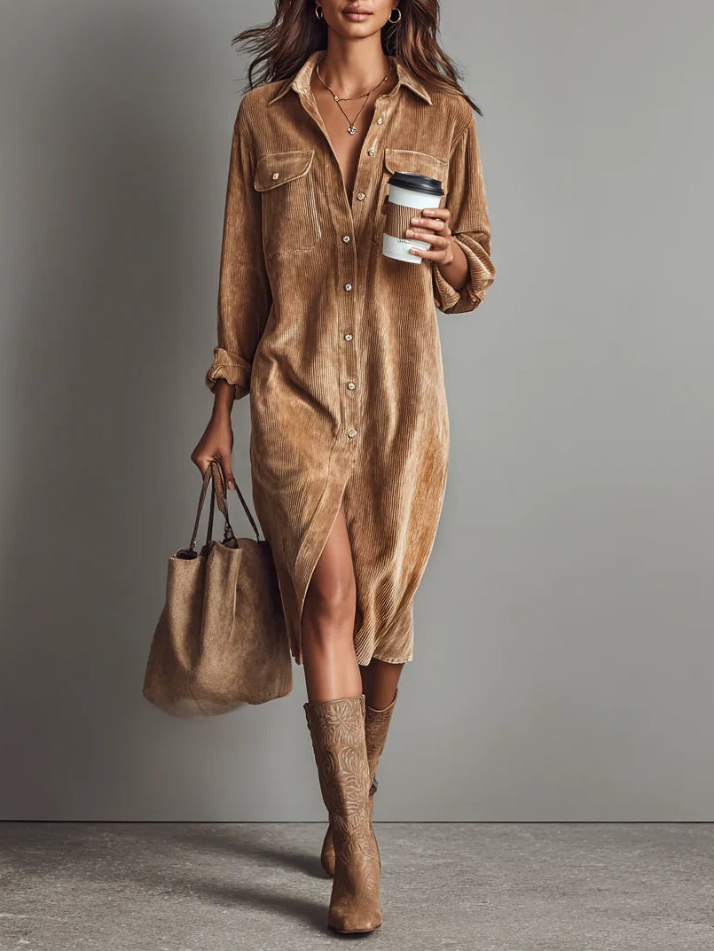 Lise | Robe midi ample en velours côtelé, à double poche poitrine et coupe droite