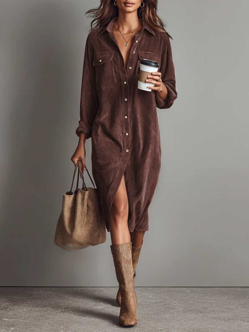 Lise | Robe midi ample en velours côtelé, à double poche poitrine et coupe droite