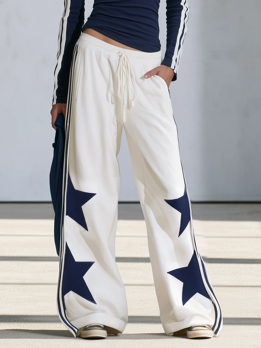Agathe | Ensemble composé d'un haut à manches longues à imprimé étoiles bleu marine et d'un pantalon à jambes larges