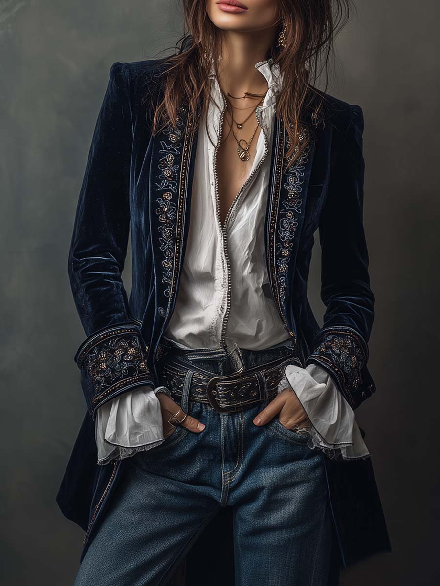 Arya | Veste longue vintage en velours de polyester bleu marine brodée