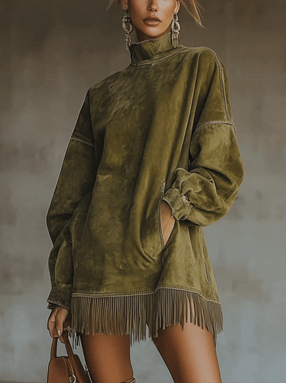Yurena │ Vestido de cuello alto de gamuza sintética color oliva con dobladillo de flecos