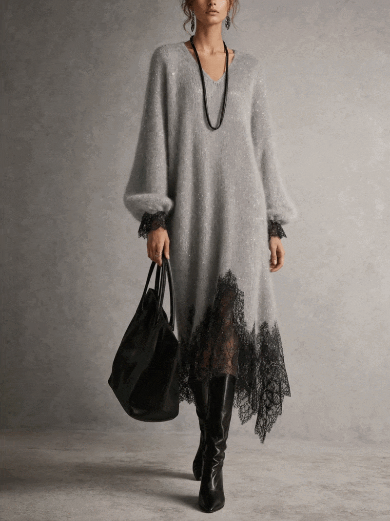Aurélie | Robe midi col V profond à manches bouffantes et ourlet en dentelle