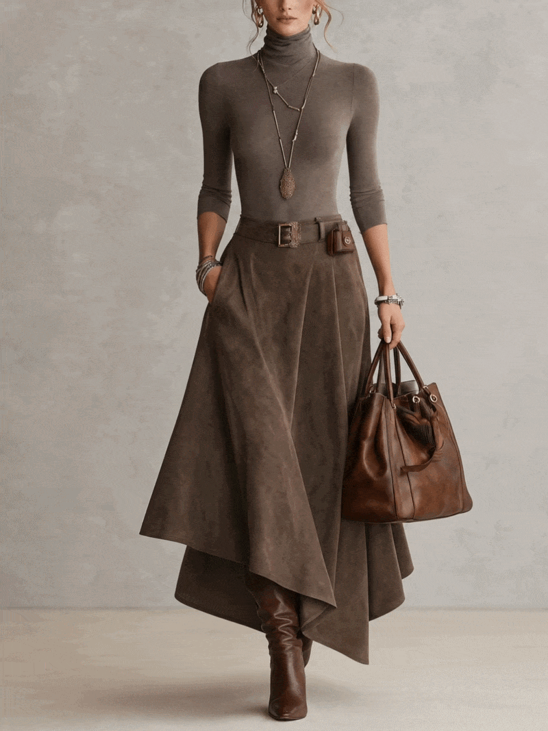 Céleste · Ensemble pull col roulé et jupe asymétrique en daim
