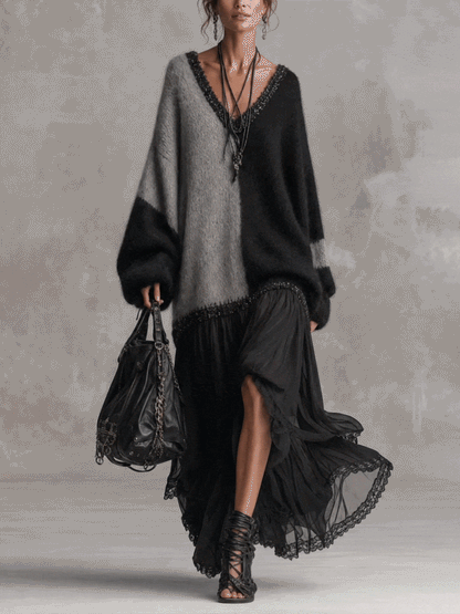 Capucine | Robe longue oversize en maille, effet patchwork de mousseline noire et grise